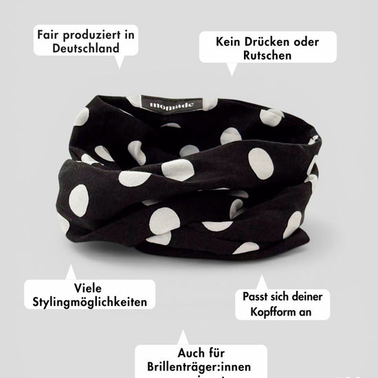 frontalansicht eines schwarzen haarbands mit weißen punkten und deren vorteilen