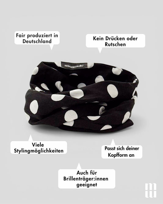 frontalansicht eines schwarzen haarbands mit weißen punkten und deren vorteilen