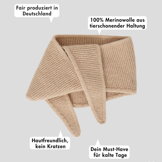 frontansicht eines minischals aus merinowolle in beige inklusive produktvorteilen