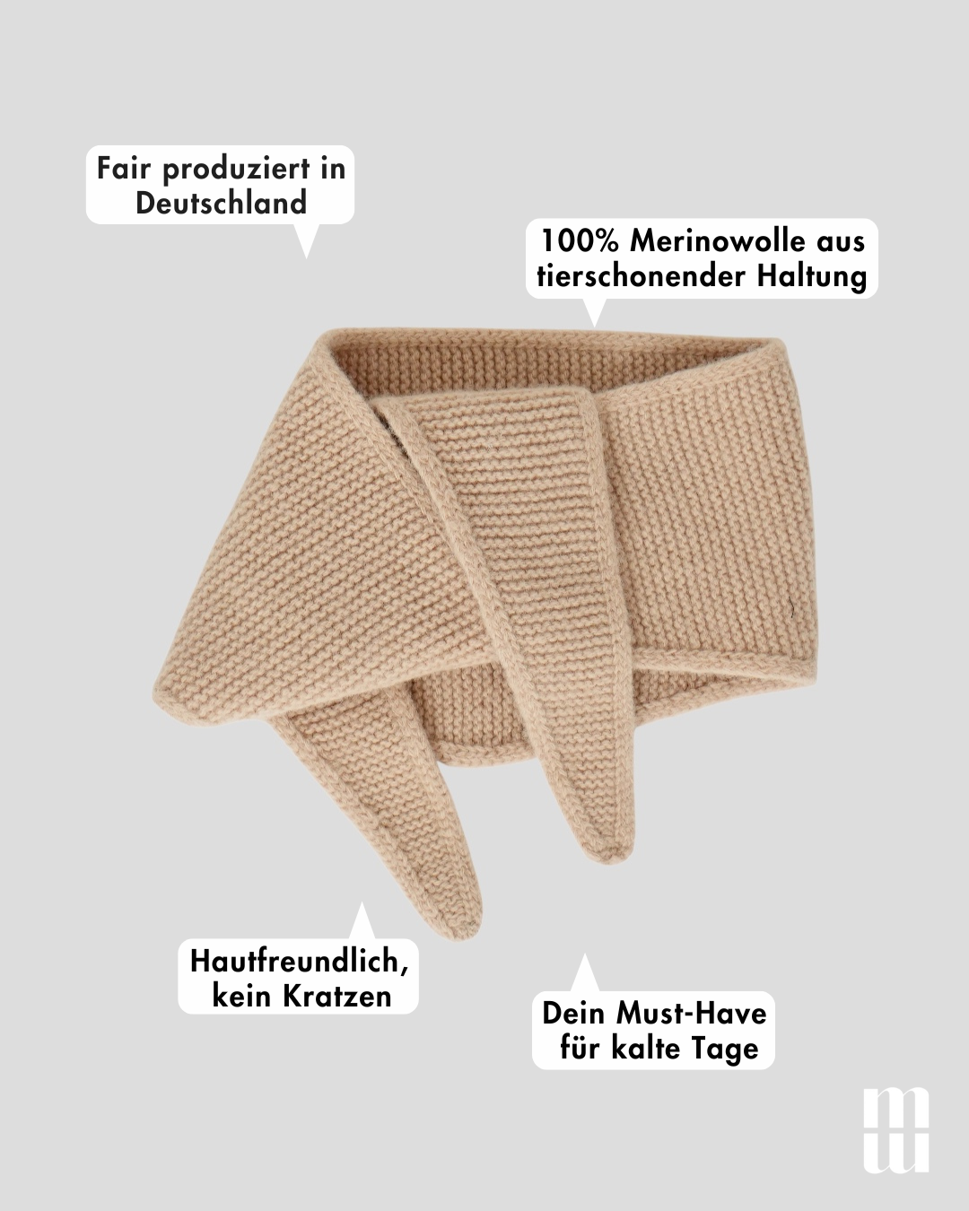 frontansicht eines minischals aus merinowolle in beige inklusive produktvorteilen