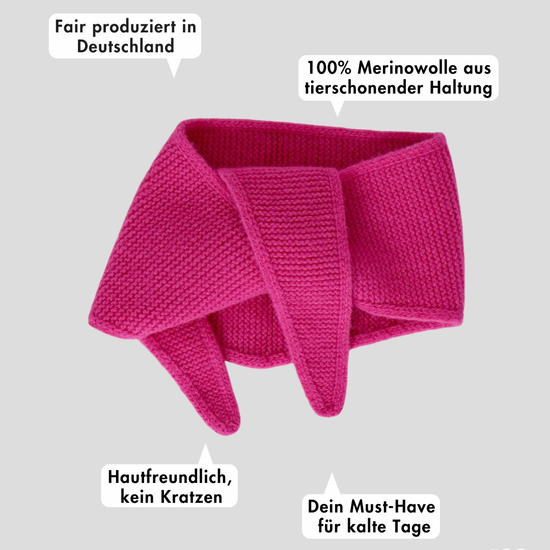 frontansicht eines minischals aus merinowolle in pink inklusive produktvorteilen