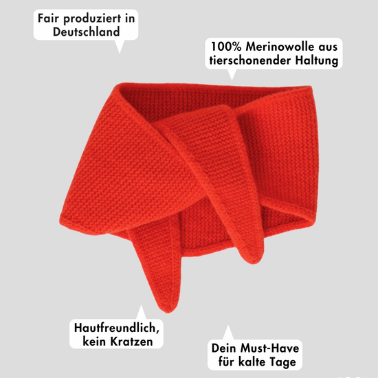 frontansicht eines minischals aus merinowolle in rot orange inklusive produktvorteilen