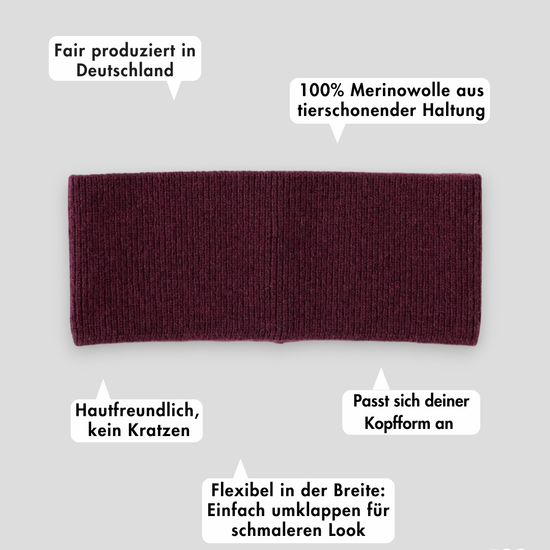frontansicht eines haarbands aus merinowolle in burgunderrot inklusive produktvorteilen