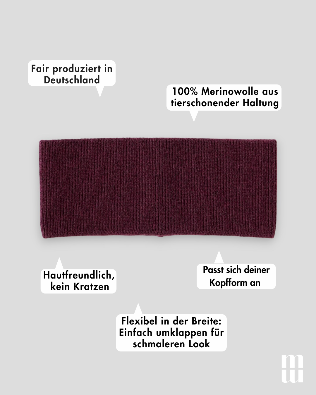 frontansicht eines haarbands aus merinowolle in burgunderrot inklusive produktvorteilen