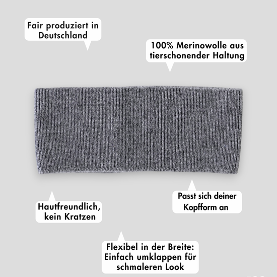 frontansicht eines haarbands aus merinowolle in Grau inklusive produktvorteilen
