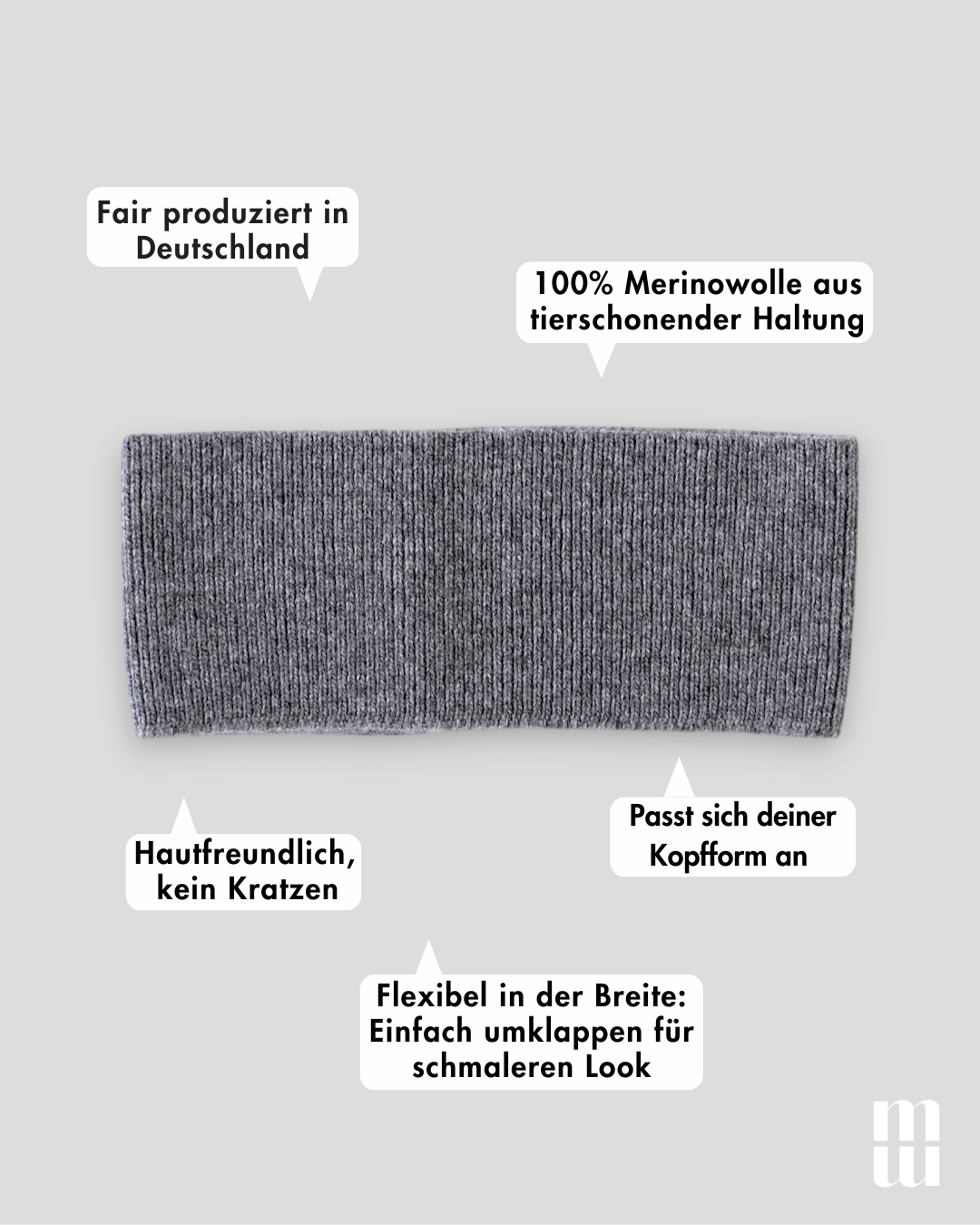 frontansicht eines haarbands aus merinowolle in Grau inklusive produktvorteilen