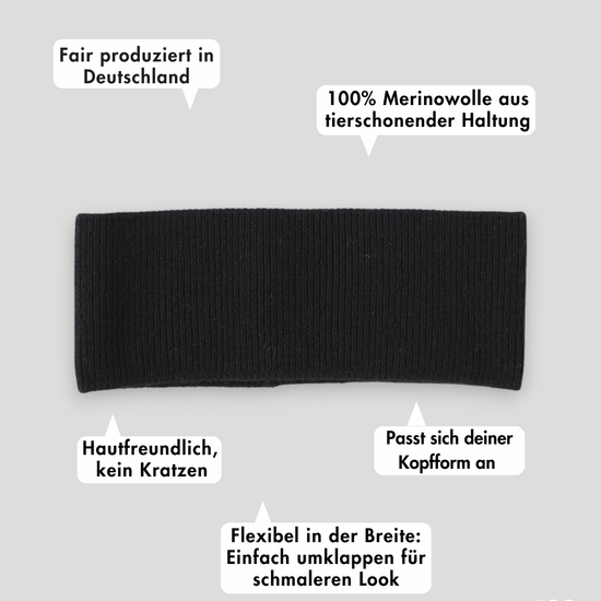 frontansicht eines haarbands aus merinowolle in schwarz inklusive produktvorteilen