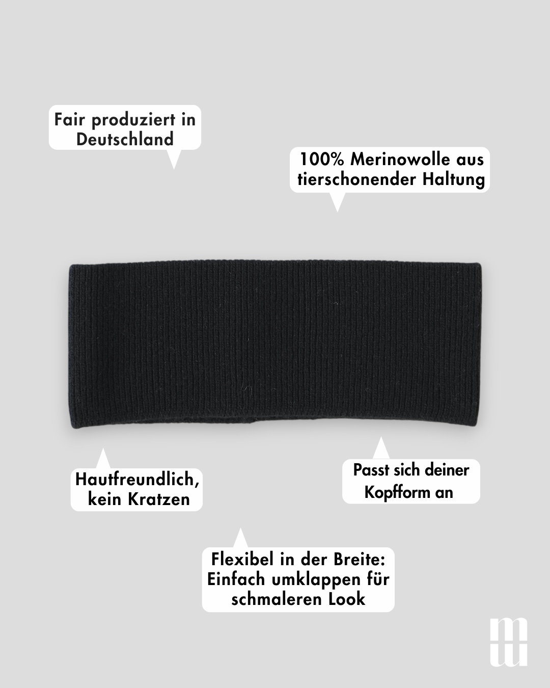 frontansicht eines haarbands aus merinowolle in schwarz inklusive produktvorteilen
